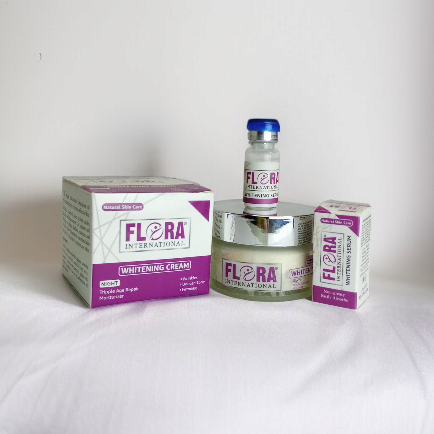 Flora International Whitening Cream And Serum Set - Anti - Wrinkel, Even Tone, Triple Age Repair Night Moisturizer